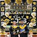 Graduation Decorations Class of 2026 Black and Gold Graduation Decorations with Congrats Grad Banner,Backdrop,Porch Sign,Balloons,Hanging Swirls,Honeycomb Centerpieces,Box for Graduation Party Decor