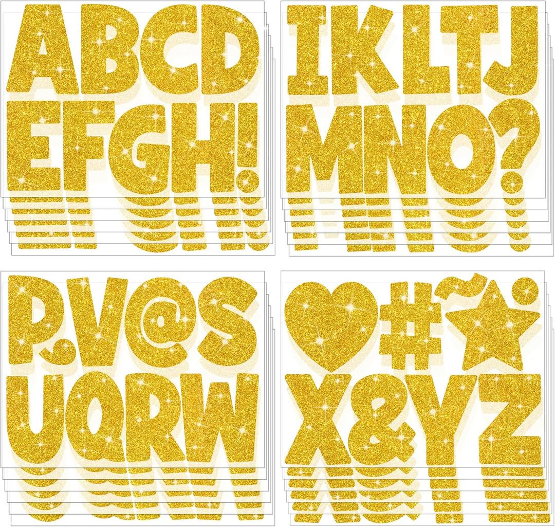 216 Pcs Bulletin Board Letters 24 Sheets Large Letter Stickers Glitter 4 Inch Alphabet Stickers Vinyl Self-Adhesive Stick on Letters for Bulletin Poster Board Craft Mailbox Home Classroom Decor(Gold)