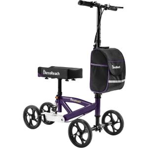 BlessReach Steerable Knee Walker Deluxe Medical Scooter for Foot Injuries Compact Crutches, with Dual Rear on-Wheel Brake and Shock Absorption Under The Knee pad（Purple）