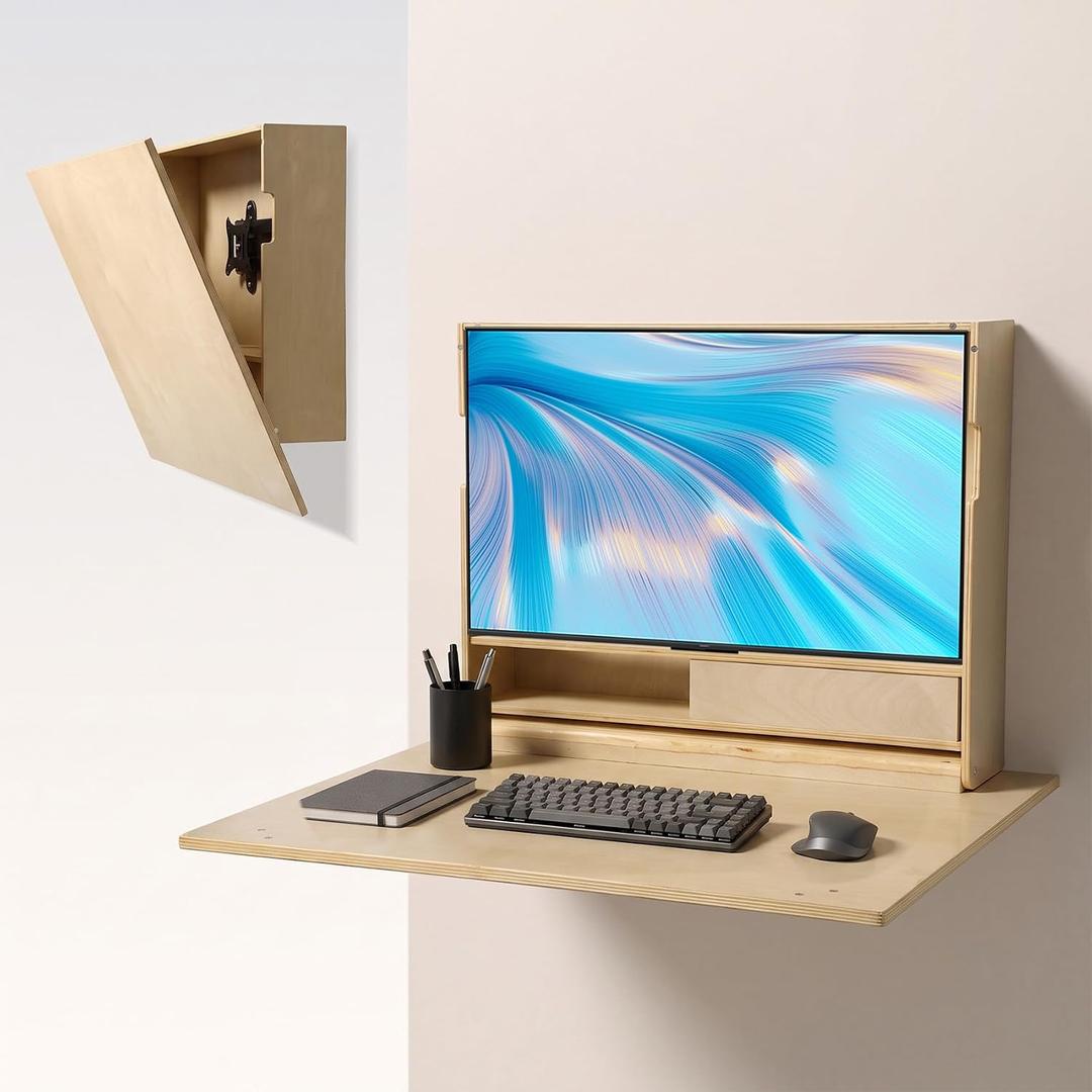 31 Inch Wall Mounted Folding Desk with Storage & Monitor Mount
