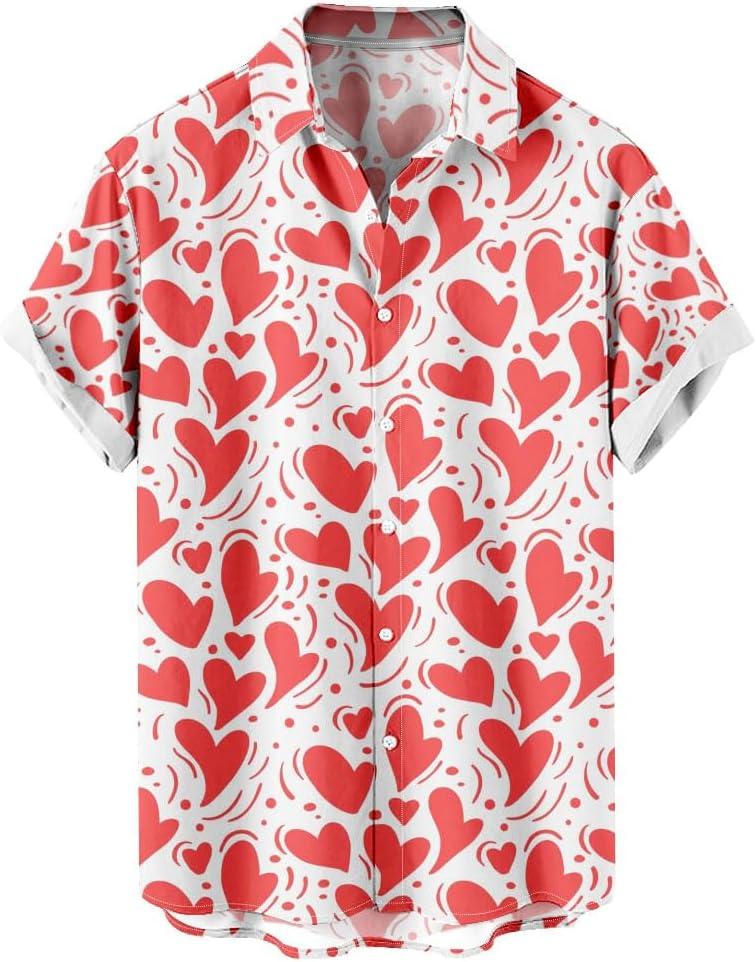 Men's Valentines Day Button Down Shirt, Heart Print Hawaiian Shirts Short Sleeve Causal Top Tropical Summer Beach (M)