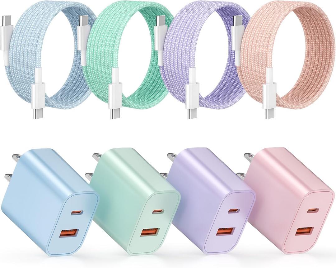 4-Pack for iPhone 15 16 17 Charger Fast Charging, 20W Dual Port Type C Charger Fast Charging Colorful USB C Charger Block with 6FT USB C to C Cable for iPhone 17 Pro Max/16 Pro Max/15 Pro Max/iPad Pro