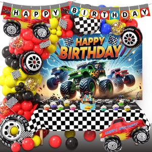 Monster Huge Truck Birthday Party Decorations Kit Including Truck Backdrop, Balloon Garland, Tablecloth, Cake topper