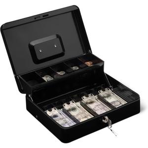 Amazon Basics Cash Box with Lock Key and Money Organizer Tray, 3.54'' H x 11.81'' W x 9.45'' D, Black