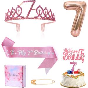 7th Birthday Candle Sash and Tiara,It's My 7th Birthday Sash Rhinestone Crown Happy Birthday Cake Topper Foil 7 Balloon for Girls Birthday Gift Party Decorations Supplies (Rose 7th)