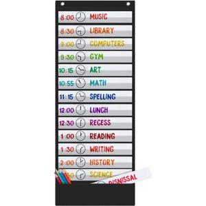 Godery Daily Schedule Pocket Chart, 13+1 Scheduling Pocket Chart with18 Dry-Eraser Cards, Educational Charts for Classroom Office Home Preschool Activity (Black)