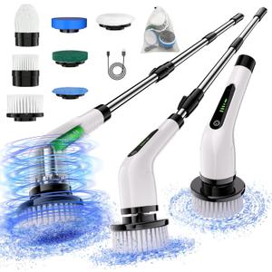 Electric Spin Scrubber Cordless Full Body Waterproof Cleaning Brush with Displaying Battery Level, 7 Replaceable Heads, Dual Speed, and Detachable Telescopic Handle for Kitchen Living Room Bathroom