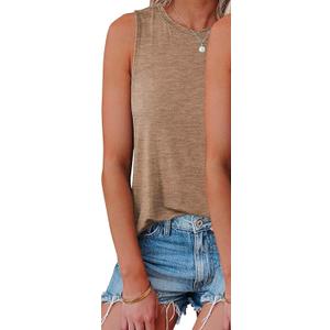 KKJ 2 Pack Womens Tank Tops Workout Basic Tees Summer Clothes Fashion Outfits Crew Neck Sleeveless Loose Fit Casual Shirts (Small, Khaki)