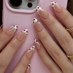 24Pcs Valentines Press on Nails Short Almond French Tip Heart Fake Nails with Lace Winter Holiday Press ons Designs Full Cover Acrylic Kit Glue on Nails Glossy False Nail Stick on Nail for Women