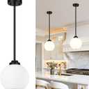 2 Pack 7.2-Inch Globe Pendant Lights, Mid Century Matte Black Pendant Light Fixtures, Globe Pendant Lights Kitchen Island with Milk Glass Shade Hanging Fixture for Dining Room Bulbs not Included