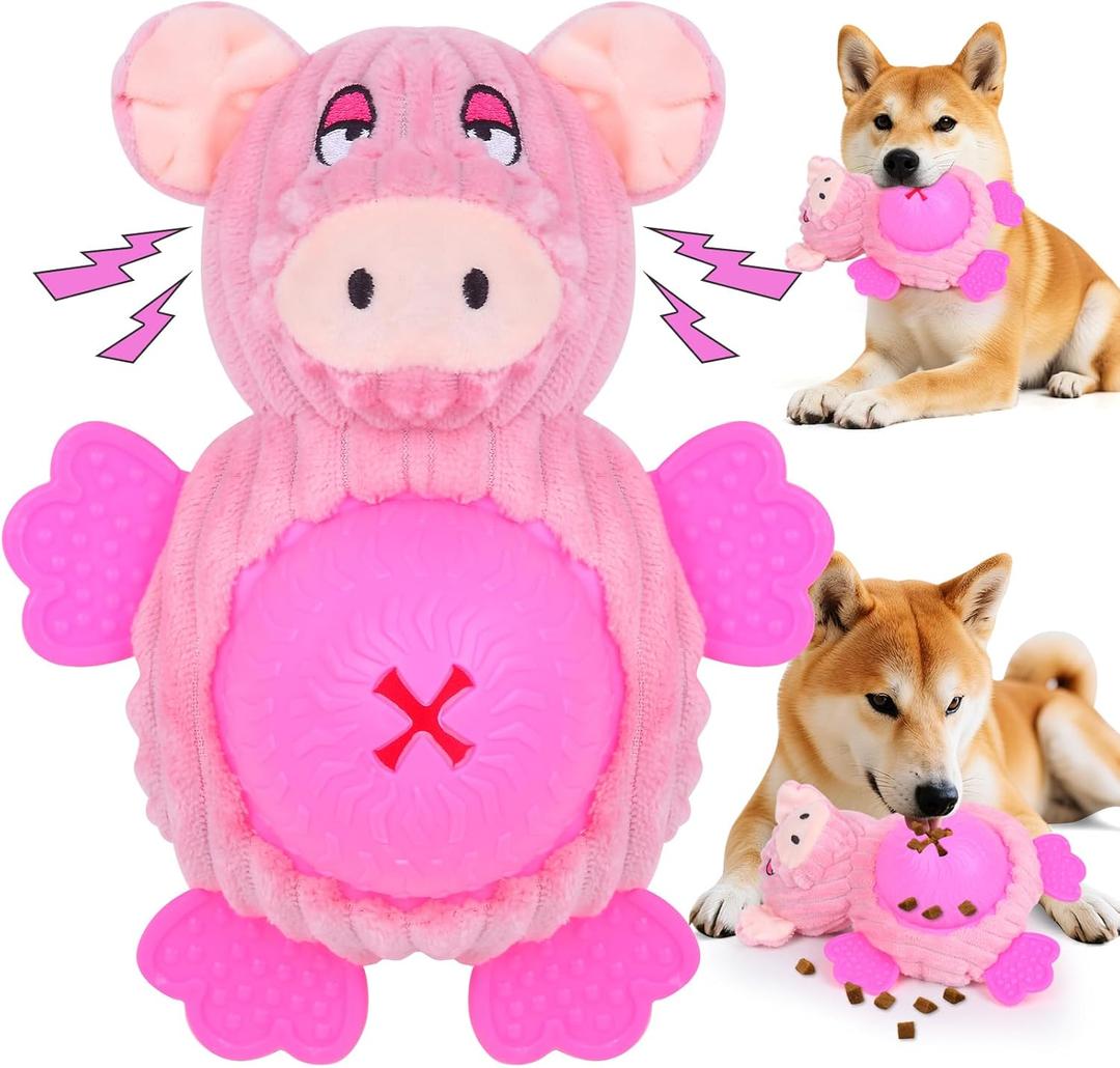 Interactive Dog Toys, Plush Dog Toy with Treat Dispensing Ball, Squeaky Dog Toy with Cute Plastic Paws for Playing,Slow Eat Hiding Food Enrichment Toy for Small & Medium Breeds(Pink)