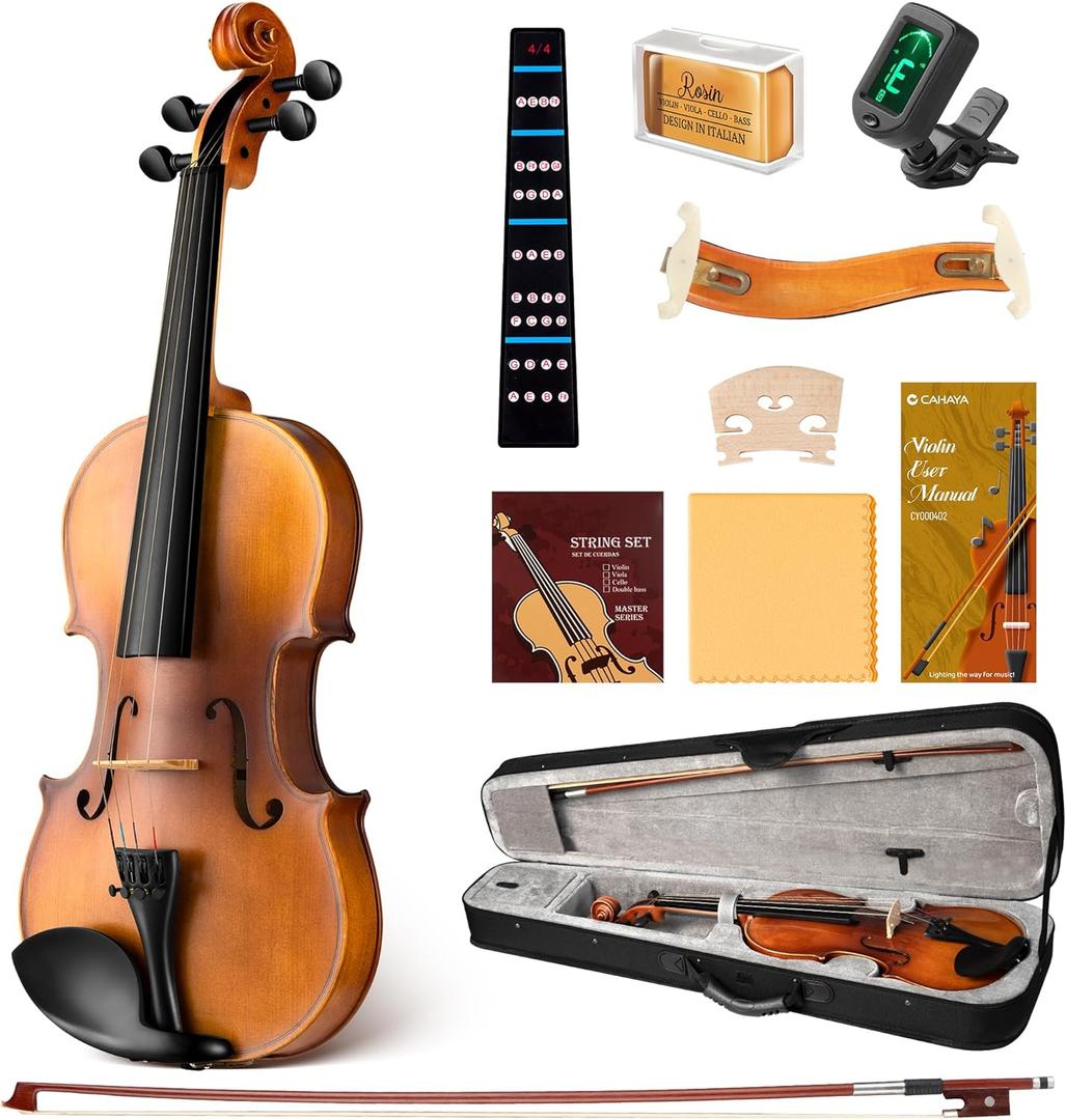CAHAYA Solid Wood Violin Kit - 4/4 Full Size Full Beginner Violin with Hard Case and Wooden Shoulder Rest for Student Adults