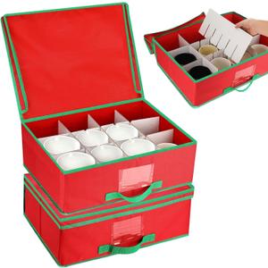 Chunful 2 Pcs Mug Storage Box with Adjustable Divider Christmas Holiday China Storage Organizer Holder for Coffee Mug Cup Christmas Container with Lid Handle Label Window for Moving Supplies, Hold 24