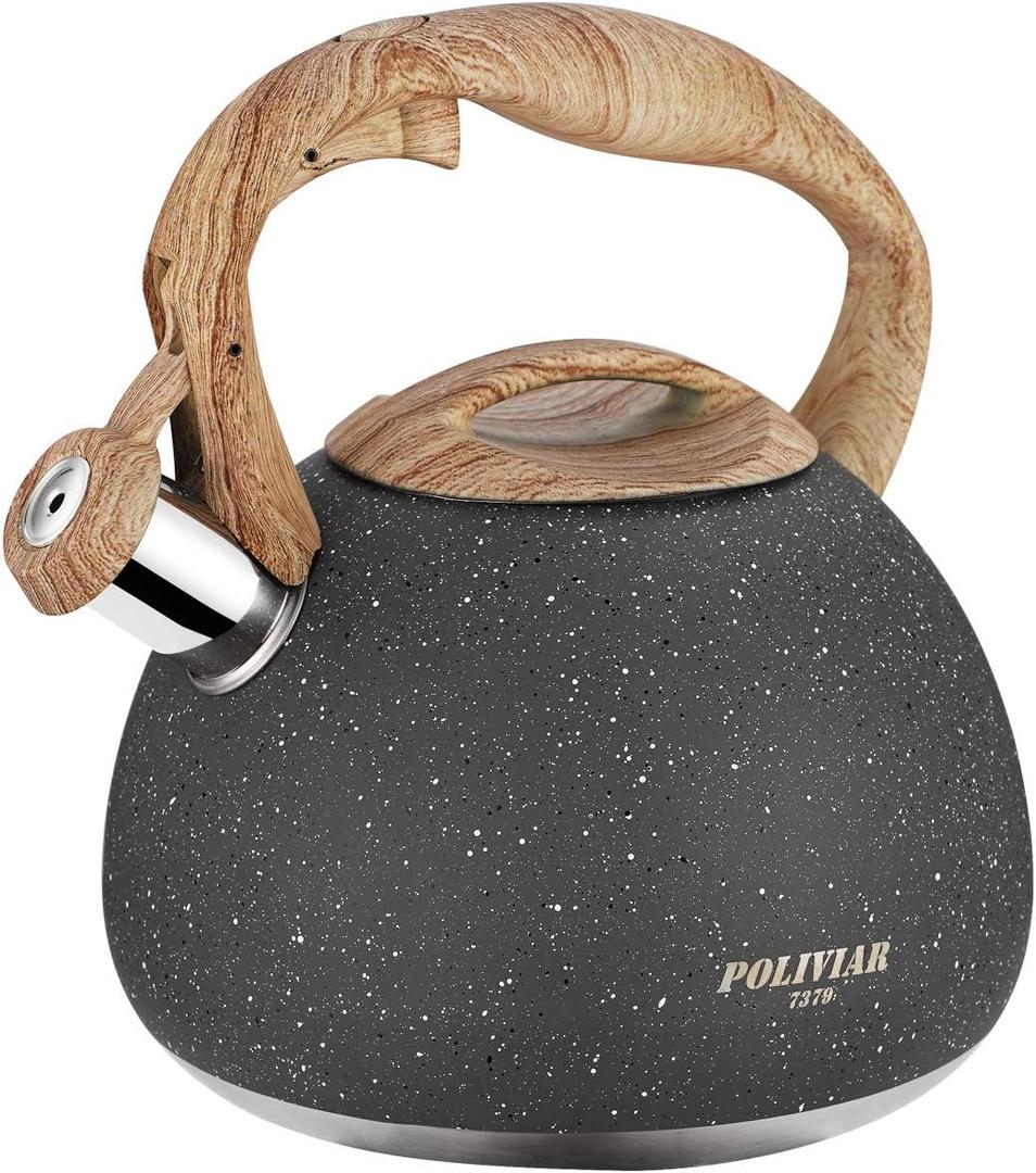 POLIVIAR Tea Kettle, 2.7 Quart Natural Stone Finish with Wood Pattern Handle Loud Whistle Food Grade Stainless Steel Teapot, Anti-Hot Handle and Anti-Rust, Suitable for All Heat Sources (JX2018-GR20) (Gray)
