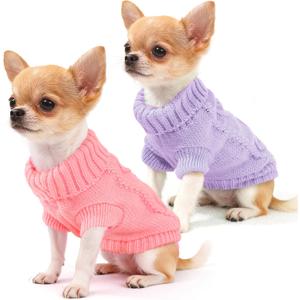 2 Pieces Puppy Sweater Dog Sweater for Small Dogs Winter Warm Dog Knitted Sweater Cute Puppy Clothes for Chihuahua Teacup Yorkie Pet Cat Knitwear Turtleneck Clothes XXS(0.9~2.4lbs) (plaid Violet+Light Pink)