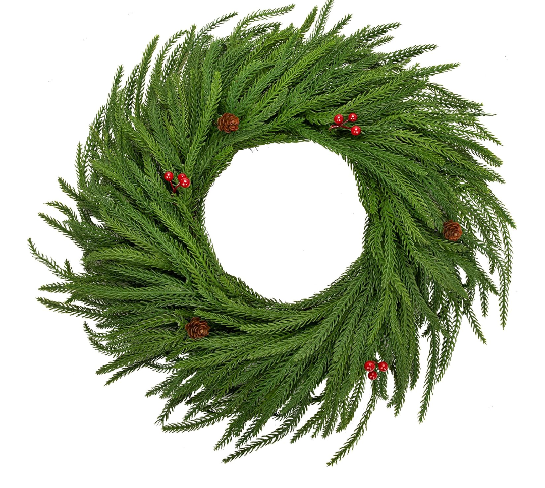 Hollyone 16" Real Touch Norfolk Pine Wreath for Front Door Small Artificial Winter Pine Plant with Red Berry Pinecone Greenery Christmas Wreath Window Walls Xmas Decor Indoor Outdoor Home Decoration