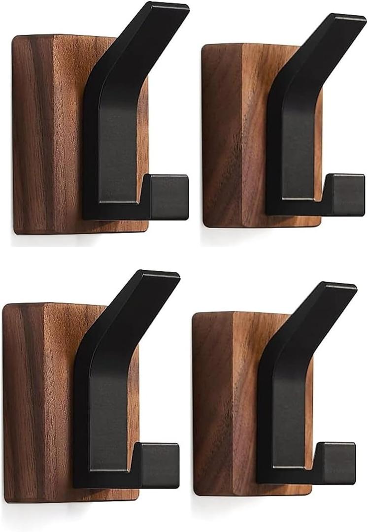 4 Pack Heavy Duty Towel Hooks for Wall Hanging Wood Black Rustproof Coat Rack Wall Mount Wall Hooks Bag Key Hat Hanger