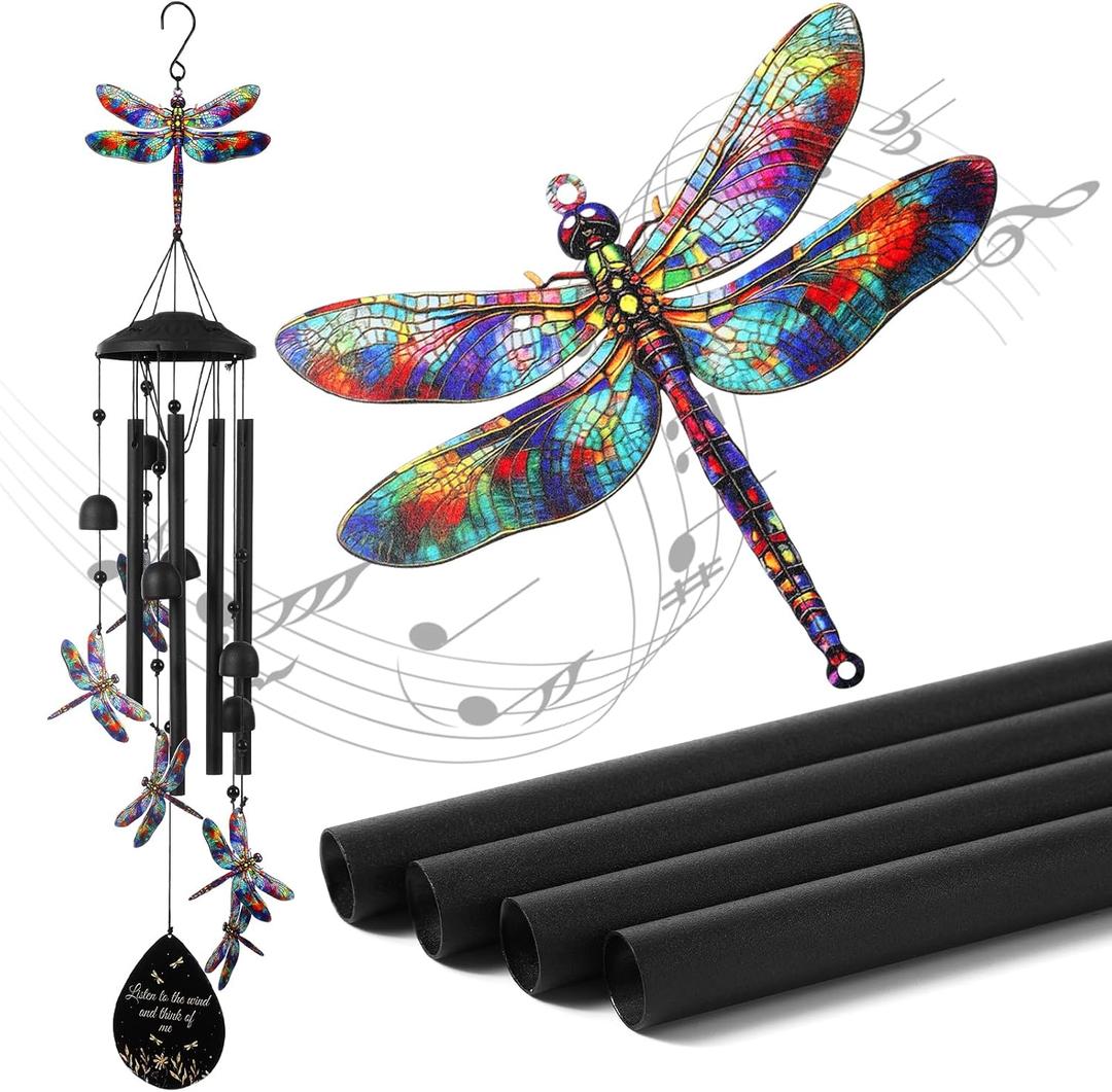 Novabright 35" Dragonfly Wind Chimes Outside for Women Garden Yard Patio | Soothing Tones Design, Black Durable Metal, Memorial and Birthday Gifts for Women, Outdoors Decor for Garden, Yard and Patio
