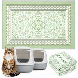 Bienbee Cat Litter Mat, 2PCS 33"x22" Washable Litters Box Mats Non-Slip &Waterproof Cat Litters Trapping Mats Easy to Clean Mat for Litter Box Less Waste Protects Floors Bean Green Flowers L