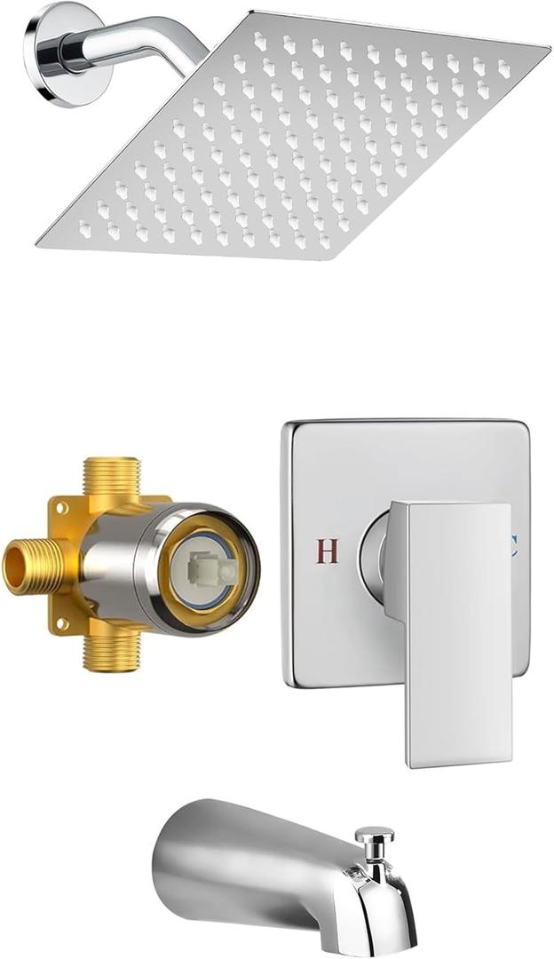 MTTCLE Shower Faucet Set with Tub Spout, 8 Inch Square Wall Mounted Rainfall Shower Head with Rough-in Valve Body, Bathroom Shower Trim Kit Single Function RV Shower System(Chrome)
