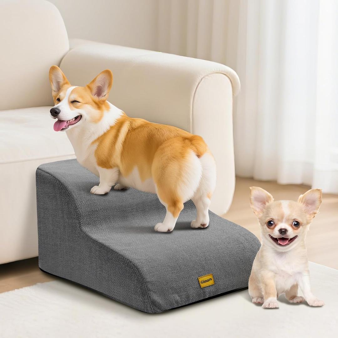 Gimars Upgraded 55CM Long Wide Steps 2 Step Dog Stairs for Small, Medium & Senior Dogs, 30CM High Ramp with 33D High-Density Foam, Linen Cover, Non-Slip Base, Supports 30KG, for Bed & Sofa