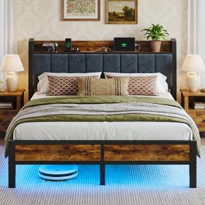 Liians Queen Size Bed Frame with Storage Headboard, LED Lights