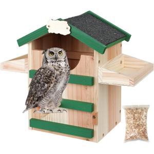 Cedar Owl House Asphalt Roof Dual Feeders Handmade Rustic Birdhouse 14x10 Inch Outdoor Nest Box with Mounting Kit Garden Wildlife Shelter