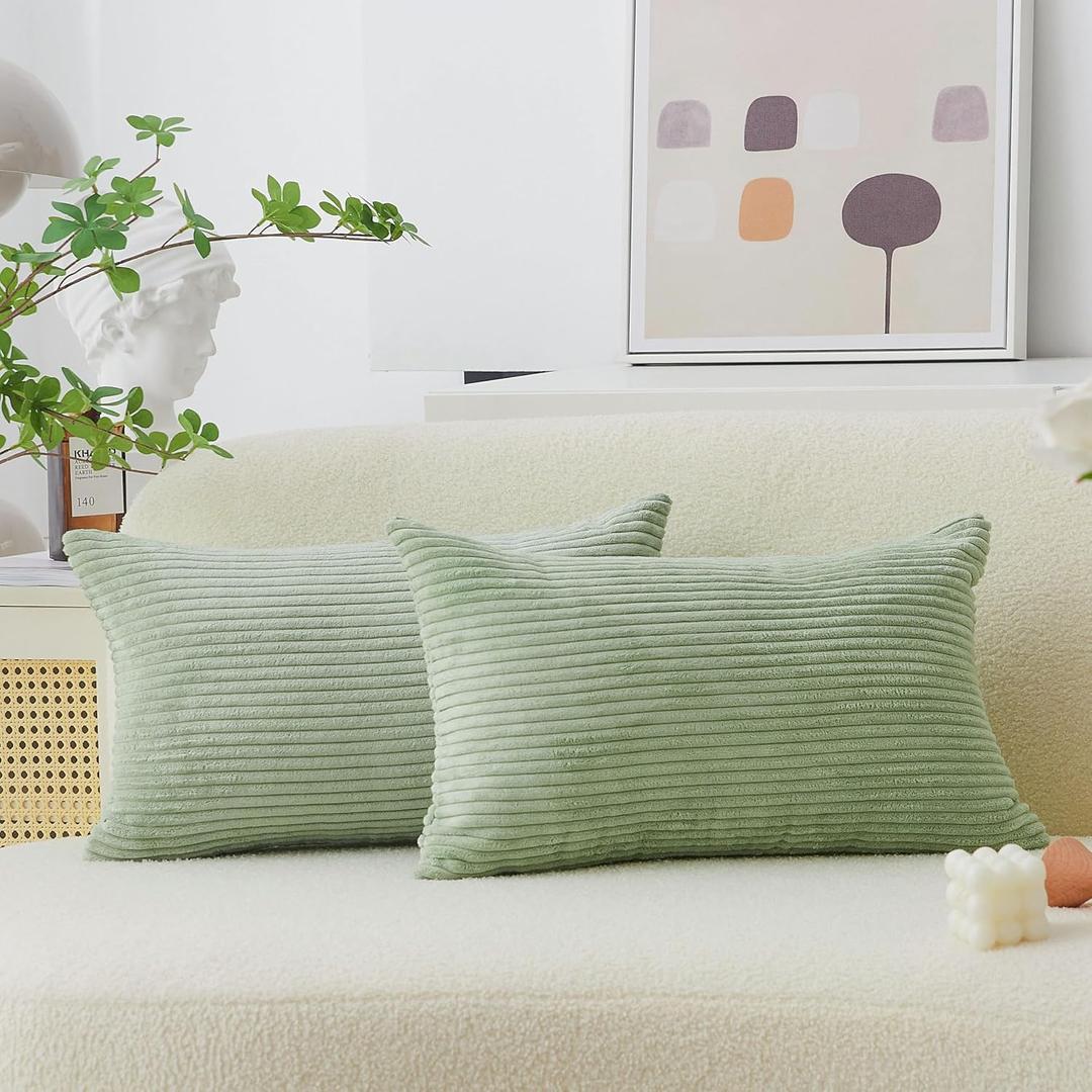 Home Brilliant Sage Green Rectangle Spring Pillow Covers 12x20 Lumbar Pillow Cover Accent Corduroy Striped Oblong Throw Pillows for Couch Decor, Set of 2, 12 x 20 inch, Sage Green (20" x 12" (Pack of 2))