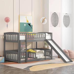 Bellemave Bunk Bed Twin Over Twin with Slide and Stairs, Twin Bunk Bed for Kids, Girls, Boys, Floor Bunk beds with Fence and Door, Gray