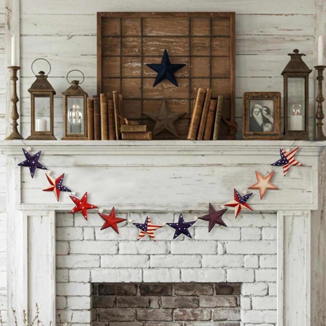 Cinnvoice 4th of July Decorations Patriotic Star Garland, Red White Blue Stars & American Flag Banner, Rustic Farmhouse Mantel Fireplace Garland for 250th Independence Day, Memorial Day Wall Decor