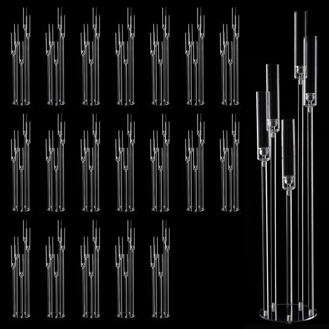 20pcs 5 Arm Candelabra Acrylic Floor Candelabra for Wedding,45.7inch Tall Clear Candle Holders for Ceremony Birthday Party Home Decoration Fit 0.8 LED Candles