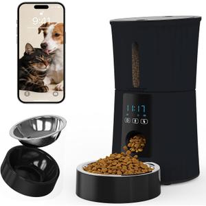 NEWBULIG Automatic Cat Feeder, 4L Timed Pet Feeders with 10s Voice Recorder, Dog Food Dispenser with APP Control, Dry Food, 10 Meals, Programmable 50 Portions, Dual Power Supply, Desiccant Bag (Black)