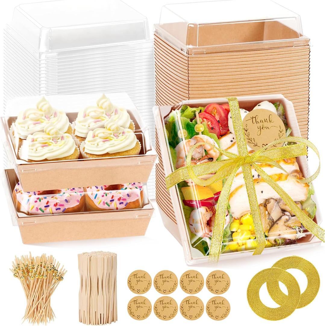 100 Pack Charcuterie Boxes with Clear Lids, 5.5 Inch Mini To Go Charcuterie Food Containers+200 Cocktail Picks+100 Lables, 504 Pcs Disposable Paper Dessert Boxes for Salads,Dessert Cake (Brown)