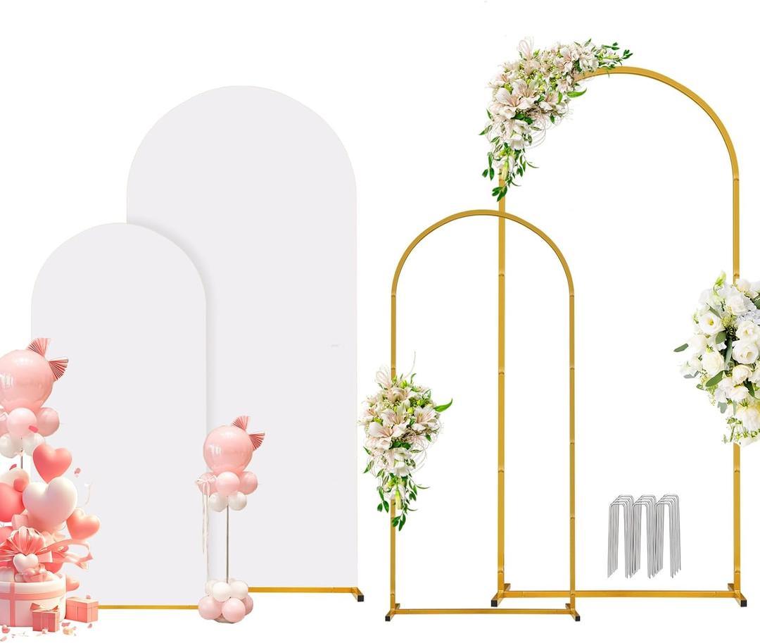 Metal Arch Backdrop Stand and Cover Set, 7.2FT+6FT Wedding Arch Stand, 2 Pack Metal Balloon Arch Stand for Wedding, Baby Shower, Birthday Party, Graduation Decoration