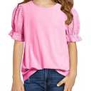 DOKOTOO KIDS Cute Shirts for Girls Puff Sleeve Tops Summer Hollow Out Short Sleeve Crewneck Knit Blouse Back to School Clothes Pink 10-11 Years XL