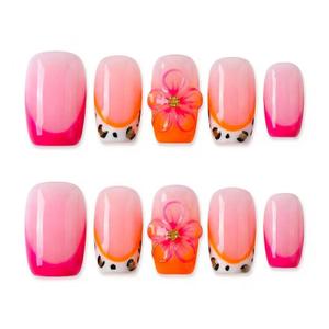 Medium Handmade Press on Nails Square Pink Gradient Fake Nails with 3D Flower Leopard Print Reusable Acrylic False Nails for Women Glue on Nails for Summer Daily Party10Pcs(Size M)