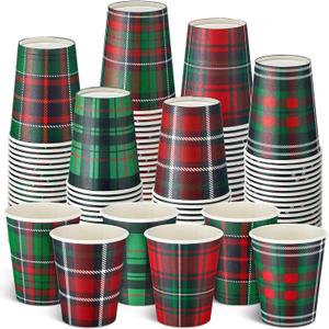 FoldTier 90 Pcs Christmas Paper Cups 9 oz Disposable Christmas Red Green Plaid Coffee Cups Winter Party Supplies for Hot Cold Beverage Chocolate Tea Cocoa Holiday Xmas Table Decoration