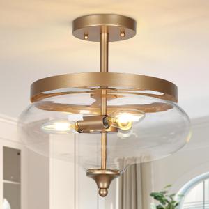Semi Flush Mount Ceiling Light, 3-Light Gold Close to Ceiling Light Fixtures Modern Ceiling Lights with Clear Bowl-Shaped Glass for Kitchen Hallway Entryway