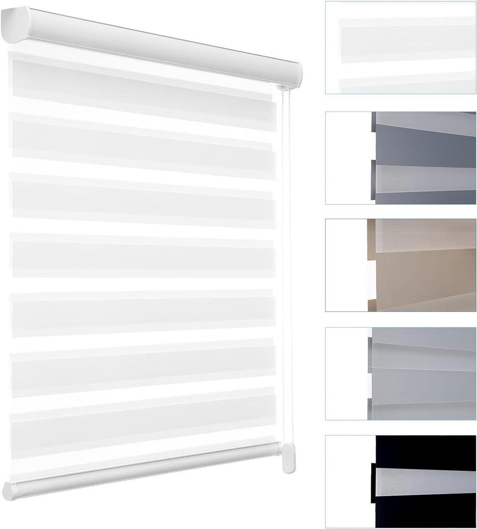 MYshade Custom Size Zebra Roller Shades Blackout(85%) Corded Zebra Blinds for Indoor Windows Dual Layer White Shades for Bedroom Bathroom Living Room Office Easy to Install