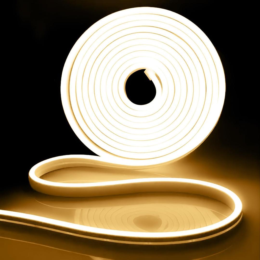 iNextStation Warm White Led Neon Strip Lights, 16.4ft 5m Light Strip 12V Waterproof Flexible LED Rope Lights for Bedroom Festival Neon Sign DIY Decor Party (Power Adapter not Included)
