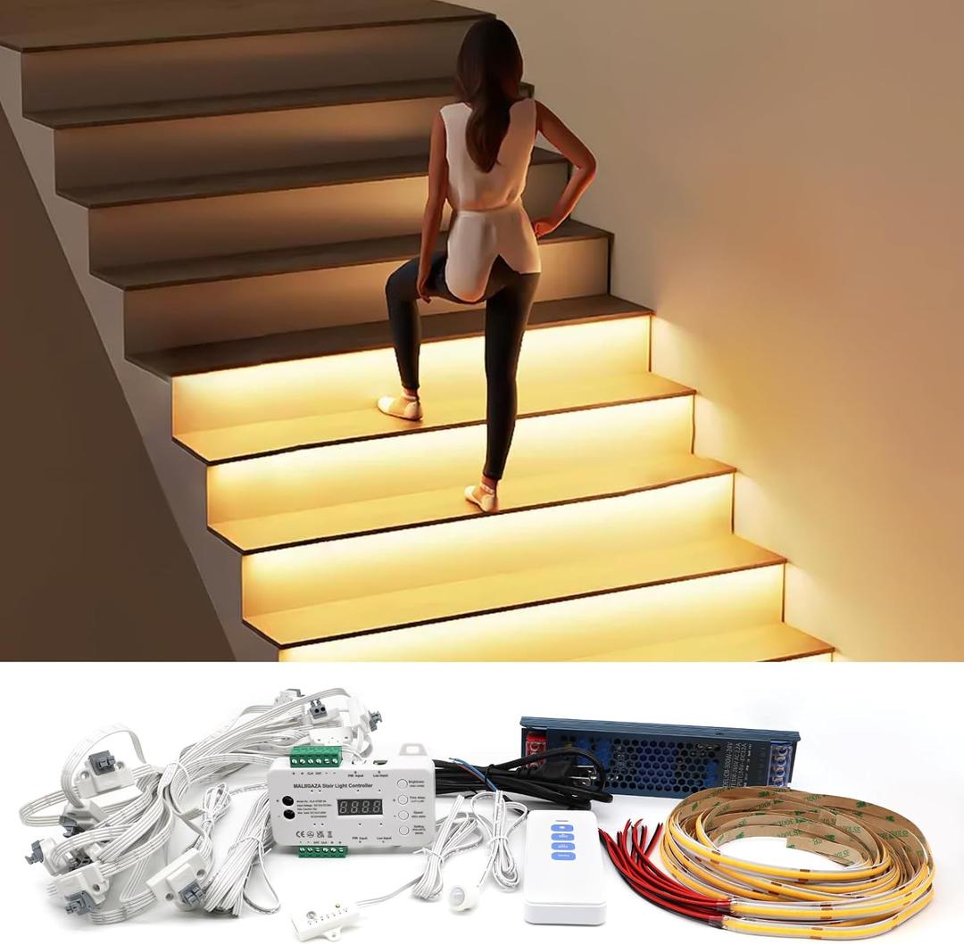 Intelligent Motion Sensor LED Stair Light Kit with Main Wire& Daylight Sensor, Step by Step Control 47.2 Inches Cuttable LED Strip Lights Indoor with Remote (20 Stairs,3000K)