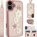 for iPhone 16 Wallet Case, Magnetic Snap Flip Leather Cover with Flower Design Credit Card Holder Stand Wristband，iPhone 16 Protective Phone Case for Women
