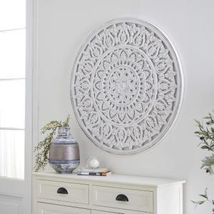 Deco 79 Wood Floral Handmade Intricately Carved Round Mandala Wall Decor, 36" x 1" x 36", White