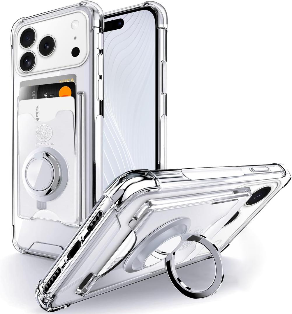 Shields Up Designed for iPhone 17 Pro Case, Minimalist Wallet Case with Card Holder (3 Cards) & Ring Stand/Kickstand, [Drop Protection] Slim Protective Cover for iPhone 17 Pro (6.3 inch) - Clear