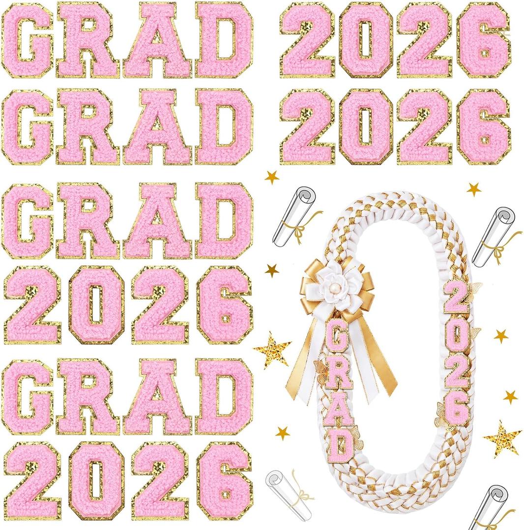 Lyrow 32 Pcs Self Adhesive Grad 2026 Iron on Patches Sew on Chenille Letter Patches Glitter Graduation Embroidered Applique Decor Exclude Lei for DIY Cloth Graduation Decor 2.1 Inch(Pink)