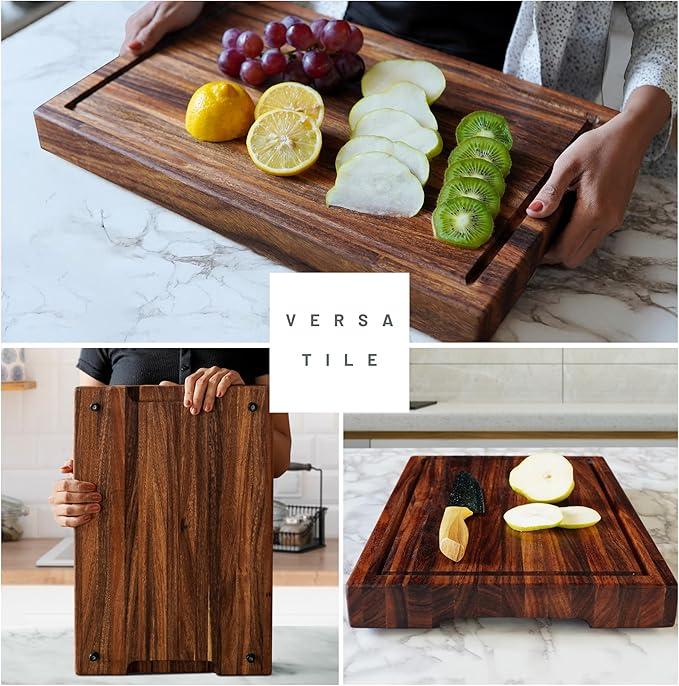 Shumaru Butcher Block Cutting Board – [24" x 18" x 2.25"], Edge-Grain Tropical Walnut Kitchen Chopping Block with Non-Slip Feet, Built-in Handles & Juice Groove