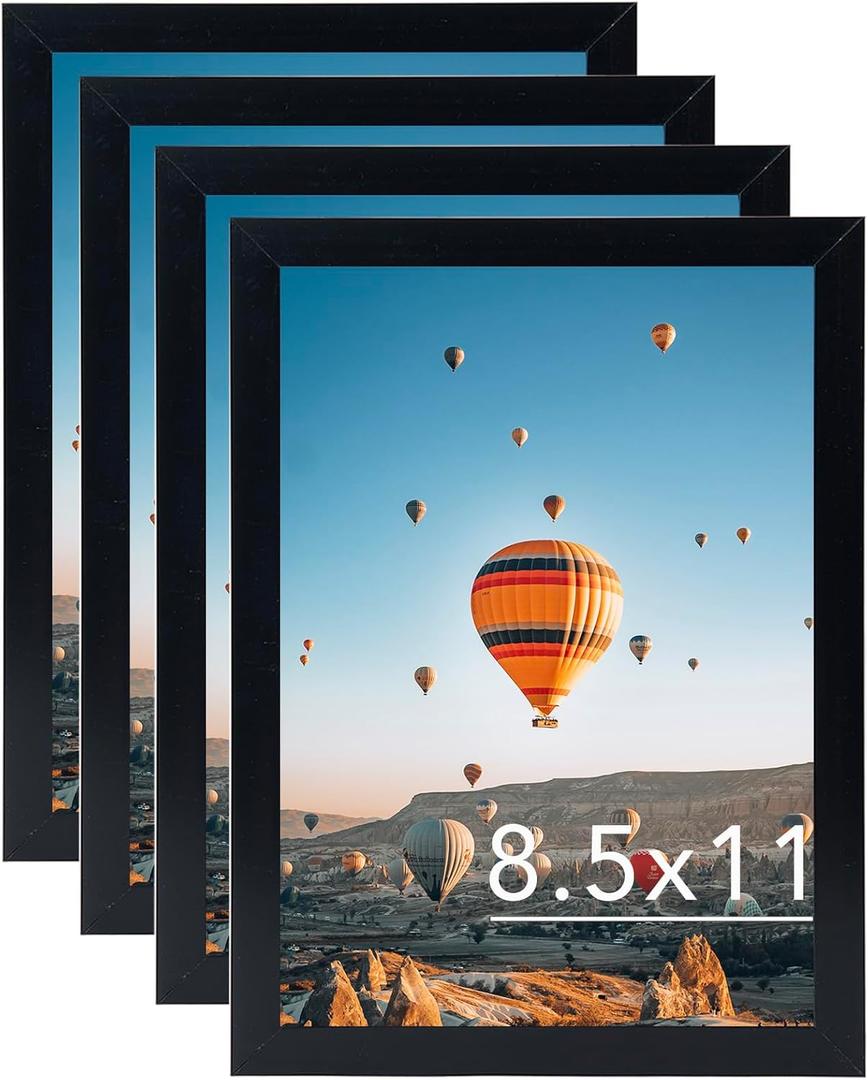 8.5x11 Picture Frame Set of 4 for Certificate Poster and Photo, Horizontal and Vertical Formats for Wall Hanging or Tabletop, 8.5x11 Wall Photo Frame with Shatter Resistant Plexiglass, 4 Pack, Black