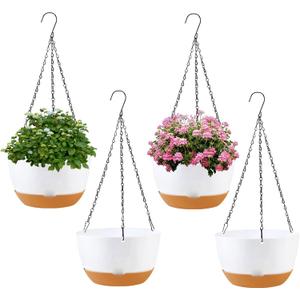 4 Pack Plastic Hanging planters for Indoor Plants,8 Inch Plant Pot Indoor Outdoor Hanging Baskets,Hanging Flower Pots with Drainage Holes and Chain for Garden Porch Plants(White)