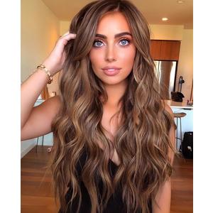 Brown Mixed Blonde Wig Long Blonde Highlight Wavy Wigs for Women Heat Resistant Synthetic Hair Replacement Wigs (26'')