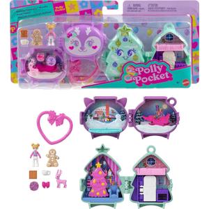 Polly Pocket Mini Toys, Holiday Stackable Compact Playset Bundle with Micro Doll, Accessories, Pet Animal, Travel Toy with Clip